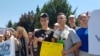 High school students from Jajce and other Bosnian cities protest in front of the government building in Travnik against segregation of their schools on June 20, 2017.