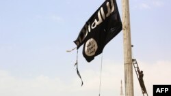 Syria -- A member of the U.S.-backed Syrian Democratic Forces removes an Islamic State group flag in the town of Tabqa, about 55 kilometers west of Raqqa.