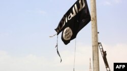 A member of the U.S.-backed Syrian Democratic Forces removes an Islamic State group flag in the town of Tabqa, about 55 kilometers west of Raqqa, on April 30.