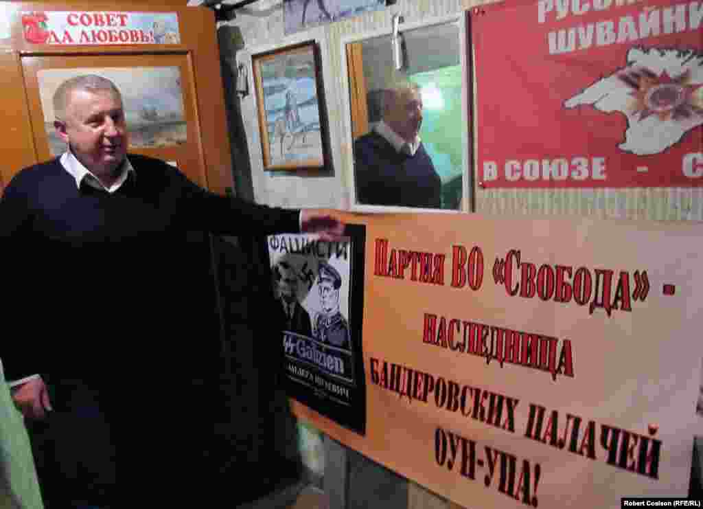 Crimean parliament deputy and Russian nationalist Sergei Shuvainikov in his office in Simferopol.&nbsp;
