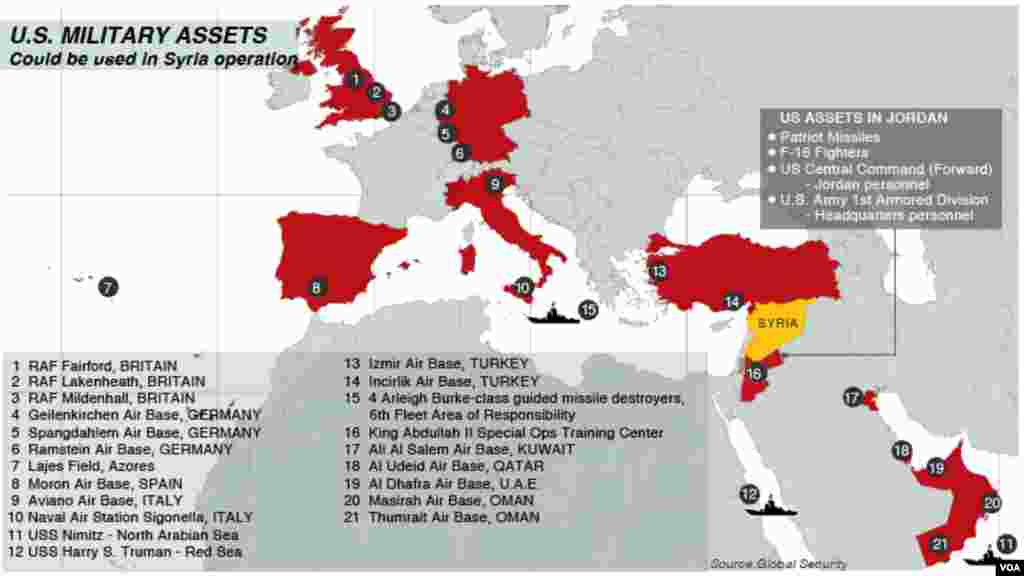 نقشه&zwnj;ای از پایگاه&zwnj;ها و محل&zwnj;هایی که آمریکا و همپیمانانش می&zwnj;توانند از آنها به سوریه حمله کنند.&nbsp;