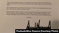 A section of the letter sent by U.S. President Donald Trump