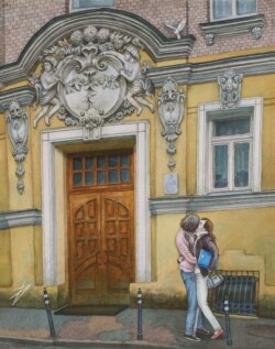 Mladi par nesvestan diskretnog umetnika koji ih skicira na Trubnikovski ulici.