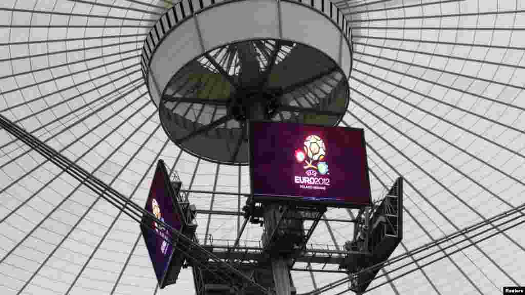 Poland -- Screens display the EURO 2012 logo at the National Stadium in Warsaw, 23Apr2012