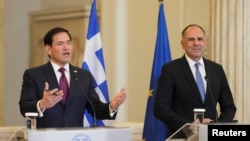 US Secretary of State Marco Rubio (left) speaks during a joint press conference with Greek Foreign Minister George Gerapetritis in Athens on October 7. 