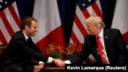 АҚШ президенті Дональд Трамп (оң жақта) пен Франция президенті Эммануэль Макрон. Нью-Йорк, 18 қыркүйек 2017 жыл.