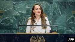 Ministrul de Externe al României, în timpul unui discurs la Adunarea Generală ONU. 27 septembrie 2025. 