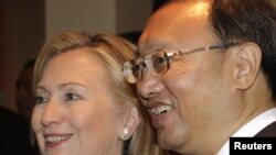 U.S. Secretary of State Hillary Clinton and Chinese Foreign Minister Yang Jiechi at a bilateral meeting in Nusa Dua, Bali, on July 22