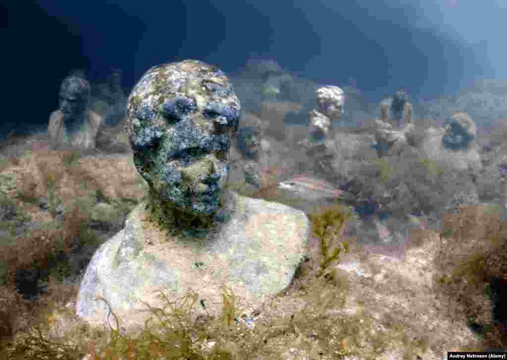 Памятники погружены на глубину 12-15 метров примерно в 100 метрах от побережья мыса Тарханкут