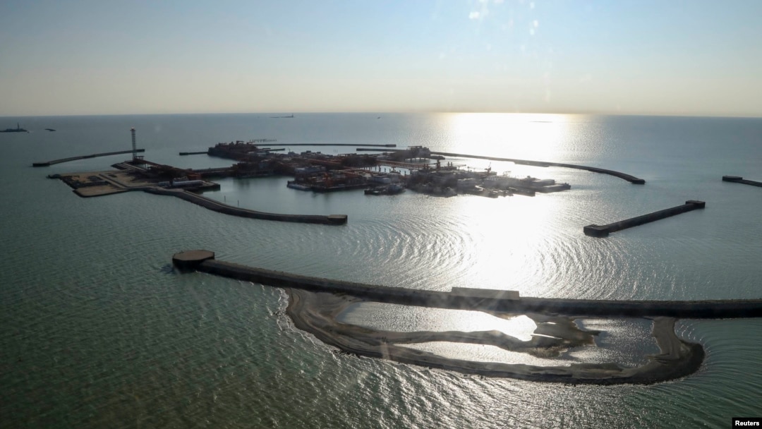 An aerial view shows artificial islands that have been built as part of the infrastructure for developing the Kashagan offshore oil field in the Caspian Sea. (file photo)