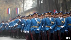 Serbian Army Guard elite units march during an inauguration ceremony in Belgrade in November 2006.