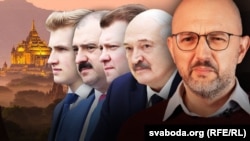 Журналіст Свабоды Дзьмітрый Гурневіч. Аляксандар Лукашэнка і яго сыны Віктар, Дзьмітрый, Мікалай. Ілюстрацыйны каляж. 