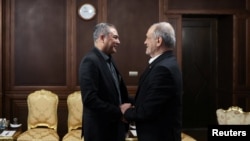 Iranian President Masud Pezeshkian and Pakistani Interior Minister Mohsin Naqvi in Tehran during a May 17 meeting.