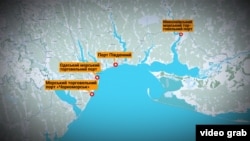 Карта з розташуванням найбільших українських портів на Чорному морі: Південний порт, Одеський порт, Чорноморський порт, Миколаївський порт. Післявоєнна реконструкція, згідно з планами ЄС і США, включатиме модернізацію українських морських портів, у тому числі Чорноморки.