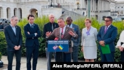 Republican Representative Don Bacon speaks outside the US Congress after passage of the Ukraine Support Act on June 4.