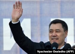 Sadyr Japarov waves to supporters in Bishkek in January 2021.