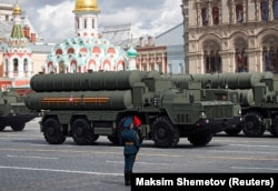 Russian S-400 antiaircraft missile systems parade on Red Square in central Moscow in May 2021.