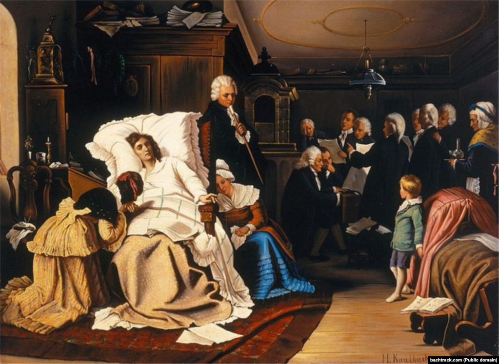 Картина Г. фон Кальбаха «Останні дні життя Моцарта», 1873 рік. Маленький Франц Ксавер, якому чотири місяці, лежить в яслах