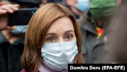 Președinta aleas a Republicii Moldova Maia Sandu la un protest în fața Parlamentului de la Chișinău, 3 decembrie 2020