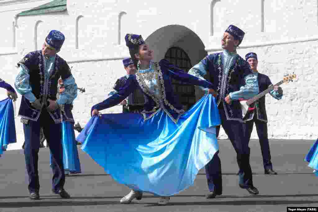 Dancers perform during a celebration of Kazan City Day and Tatarstan Republic Day on August 30.