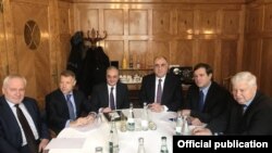 Switzerland -- Foreign Ministers Zohrab Mnatsakanian of Armenia and Elmar Mammadyarov of Azerbaijan and international mediators meet in Geneva, January 30, 2020.