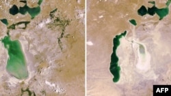 Satellite images show the dramatic retreat of the Aral Sea’s shoreline from 2006 (left) to 2009.