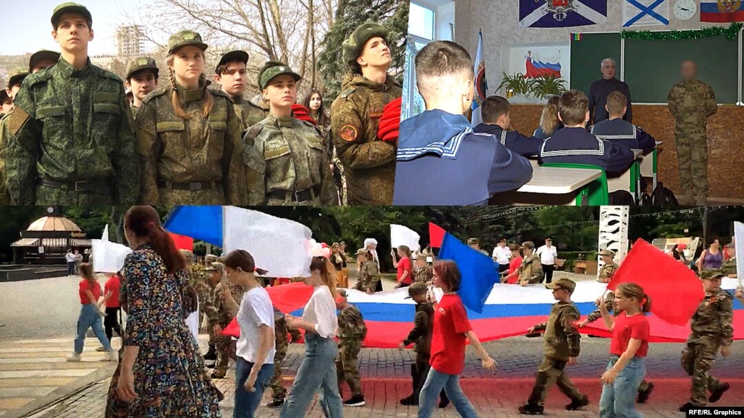 A collage of images involving the militarization of Ukrainian children in Russian-occupied territories in Ukraine.