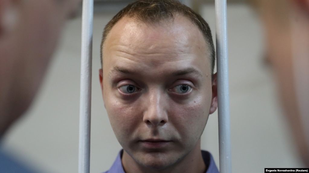 Former Russian journalist Ivan Safronov before a court hearing on treason charges in Moscow on July 7.
