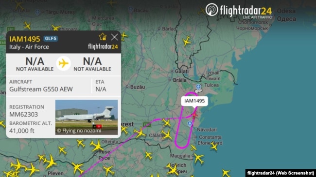 Розвідувальний політ літака ДРЛВ Gulfstream G550 AEW ВПС Італії 16 лютого 2026 року. Скриншот із сайту www.flightradar24