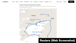Скріншот розслідування Reuters: запланований маршрут «Азовського кільця» та залізниці «Новоросія»