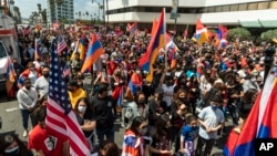 Armenian-Americans rally in Beverly Hills, California on April 24 after President Biden's recognition of the Armenian genocide.