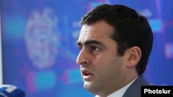 Armenia -- Minister of High-Tech Industry Hakob Arshakian speaks at a news conference, February 9, 2021.