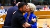 Ukrainian President Volodymyr Zelenskyy is welcomed by European Commission President Ursula von der Leyen during a European Council meeting on October 23, 2025.