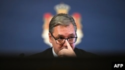 Aleksandar Vuçiq gjatë fjalimit të dorëheqjes nga posti i presidentit, 27 shtator 2026.