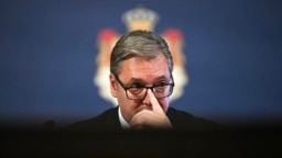 Aleksandar Vuçiq gjatë fjalimit të dorëheqjes nga posti i presidentit, 27 shtator 2026.