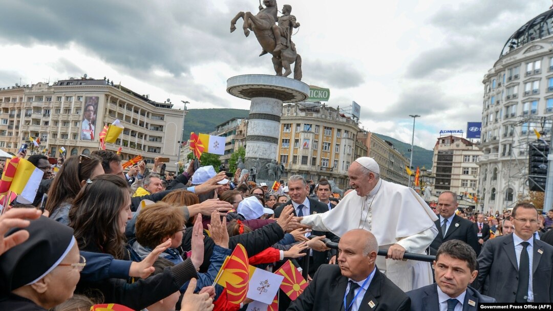 Pope Francis greets the crowds in Skopje on May 7.