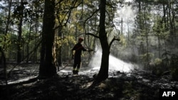 Un pompier francez intervine în timpul unui incendiu în Pădurea Fontainebleau, în localitatea Noisy-sur-Ecole, din regiunea Ile-de-France a Parisului, pe 16 iulie 2026.