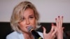 Polina Gagarina speaks at a press conference in Moscow in 2015 ahead of representing Russia at the Eurovision Song Contest.