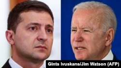 Președintele Ucrainei, Volodimir Zelenski (stânga) și președintele SUA, Joe Biden