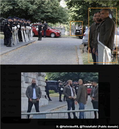 Të akuzuarit për sulmin në Banjskë mbështetën presidentin serb, Aleksandar Vuçiq, në protestë. REL-i identifikoi së paku 11 persona që ishin veshur "me uniforma". (Burimi X.com: @HelivideoRS, @ThisisKaltri)