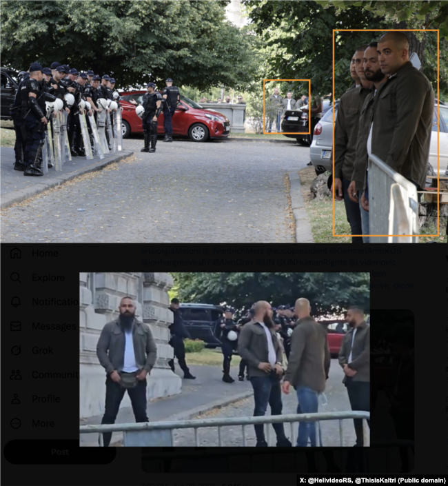 Të akuzuarit për sulmin në Banjskë mbështetën presidentin serb, Aleksandar Vuçiq, në protestë. REL-i identifikoi së paku 11 persona që ishin veshur "me uniforma". (Burimi X.com: @HelivideoRS, @ThisisKaltri)