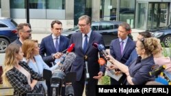 Aleksandar Vučić, predsjednik Srbije, sa novinarima u Briselu nakon razgovora sa kosovskim premijerom Albinom Kurtijem odgovara i na pitanje o konceptu "srpskog sveta". 19. jul 2021.