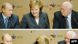 Angela Merkel između Vladimira Putina i bivšeg sovjetskog lidera Gorbacheva u Wiesbadenu, 15. oktobra, 2007. Pored raketnog štita, budućnost Kosova je jedna od tema ovog susreta.