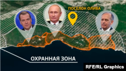 Охранная зона вокруг дач Путина и Медведева в Крыму. В нее попадает санаторий ФСБ и поселок Олива