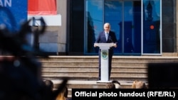 Premierul interimar al României, Ilie Bolojan, vorbind la un eveniment de promovare a reformei teritorial-administrative la Chișinău, pe 29 mai 2026