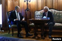 Russian Foreign Minister Sergei Lavrov (left) attends a meeting with EU foreign policy chief Josep Borrell in Moscow on February 5.