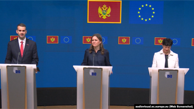 Premijer Crne Gore Milojko Spajić, danska ministarka evropskih poslova Mari Bjere i komesarka EU Marta Kos, u Briselu