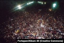 Crowds celebrate the revolution in Timisoara.