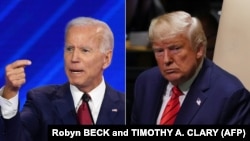 (COMBO) This combination of file pictures created on September 24, 2019 shows Democratic presidential hopeful former Vice President Joe Biden speaking during the third Democratic primary debate of the 2020 presidential campaign season at Texas Southern Un