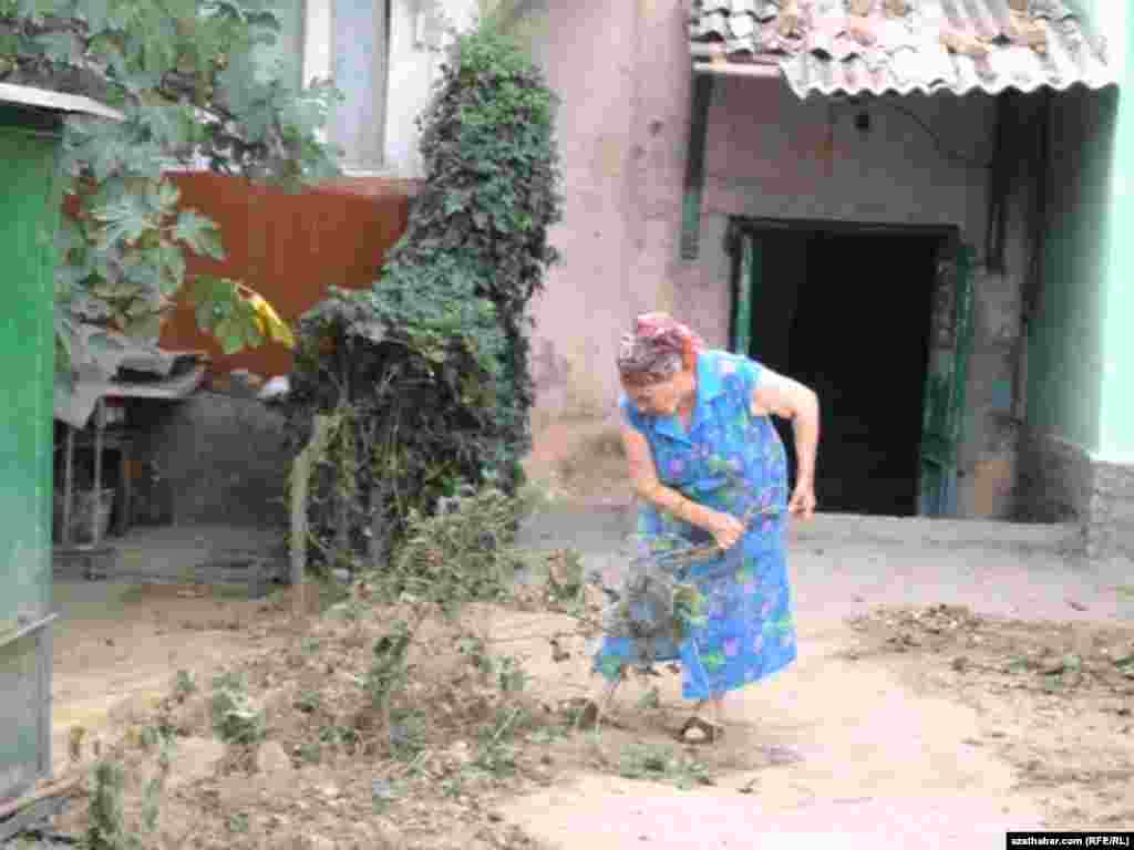 Gartaşan zenan ýaşaýyş jaýynyň öňündäki agaçlara timar berýär.